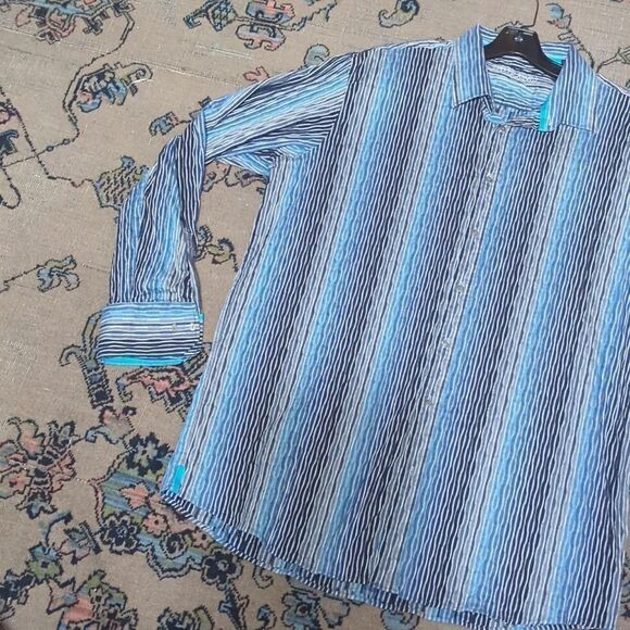 Mens M Button Up Shirt Long Sleeve Blue Black Gray Stripes big & Tall - Picture 2 of 5
